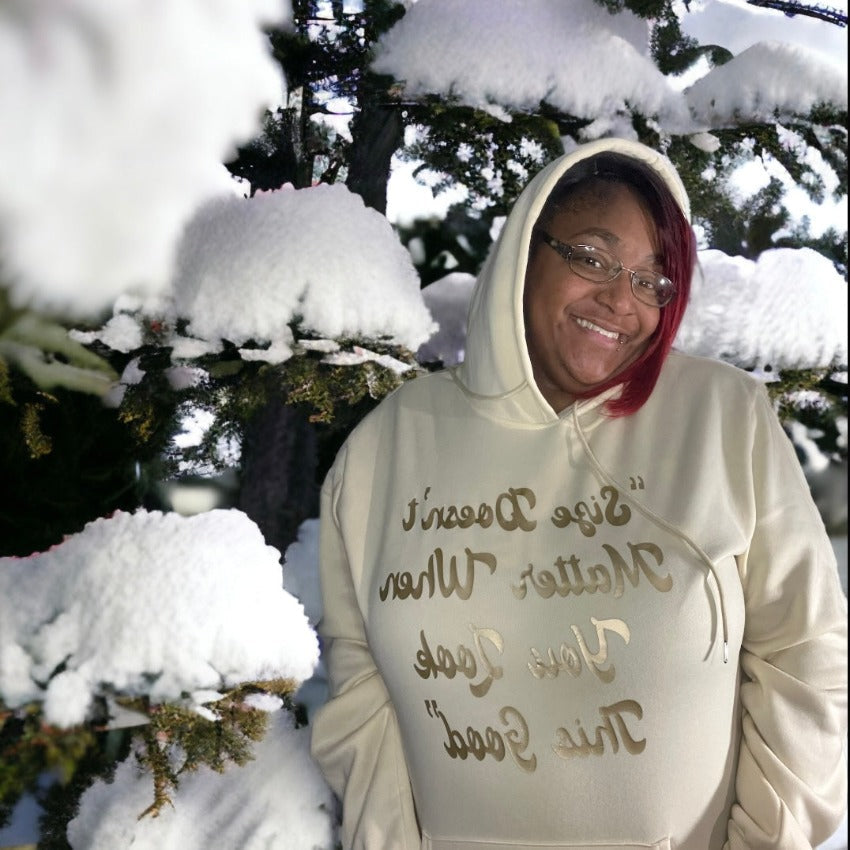 Apricot and gold slogan hoodie, third view