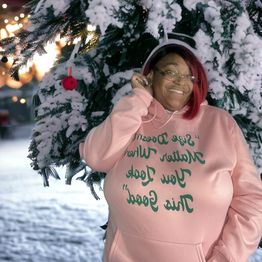 Pink and green slogan hoodie, third view