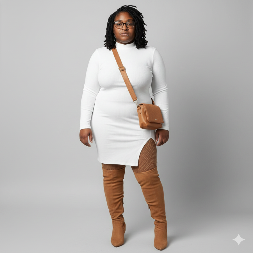 White long-sleeve side slit dress