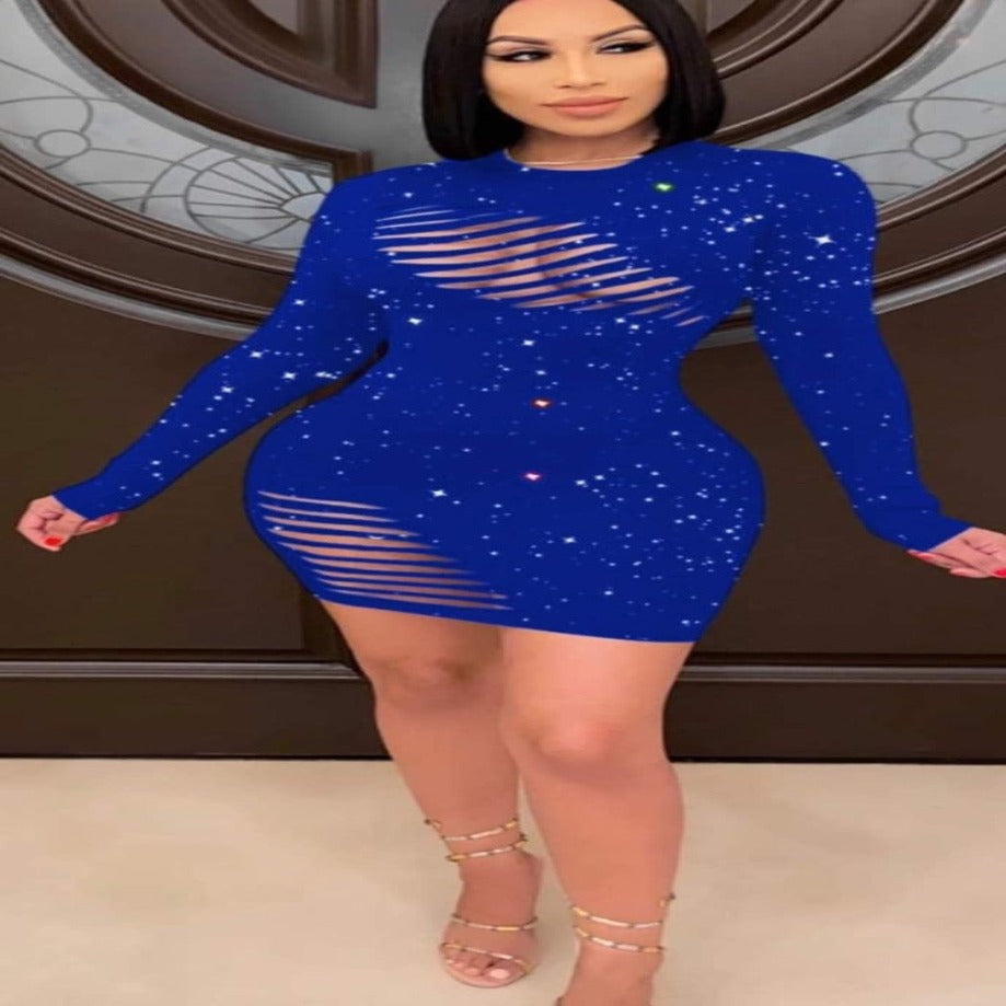 Blue galaxy print ripped mini dress